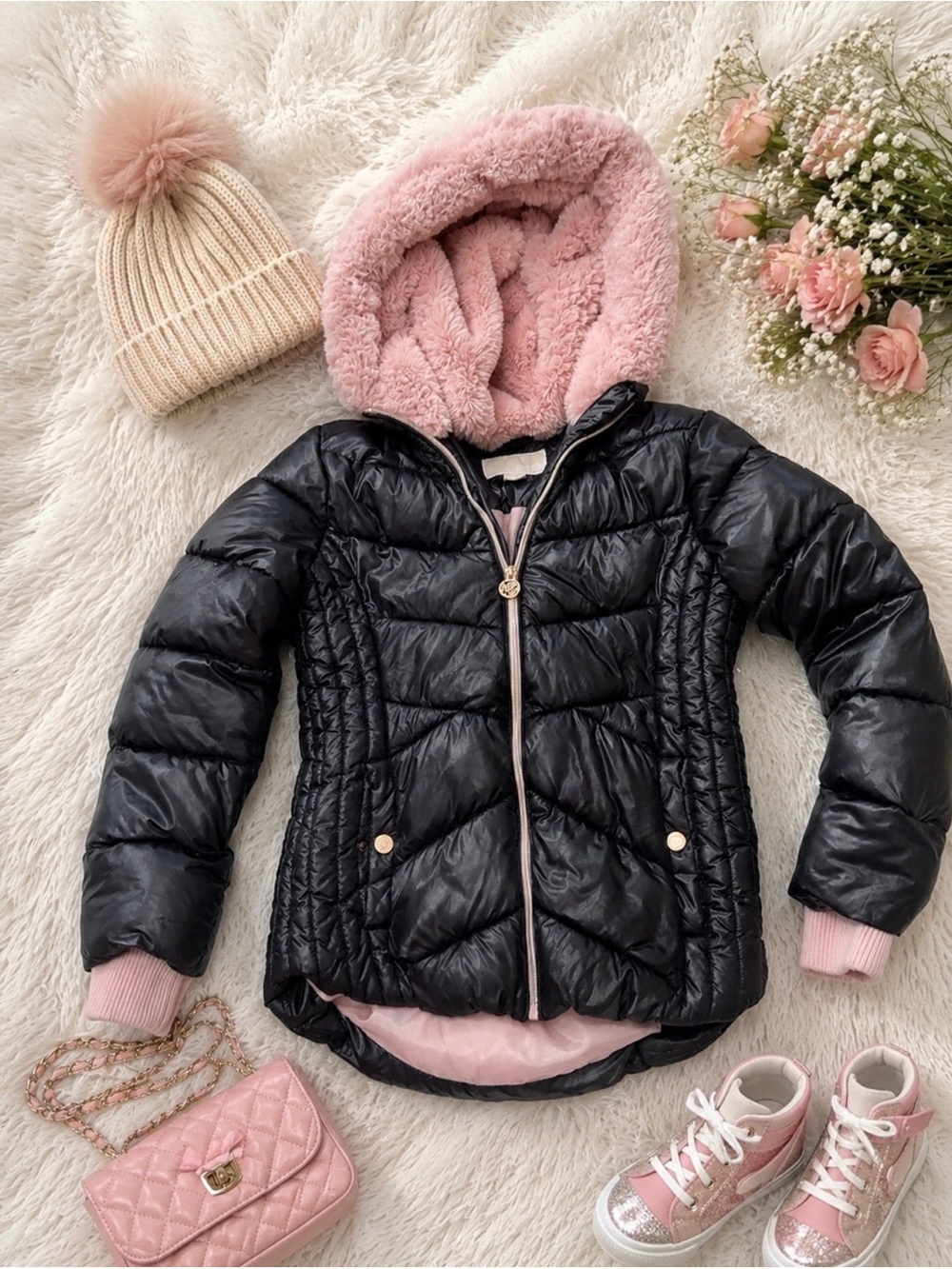 Girls' Black Puffer Jacket with Pink Faux-Fur Hood